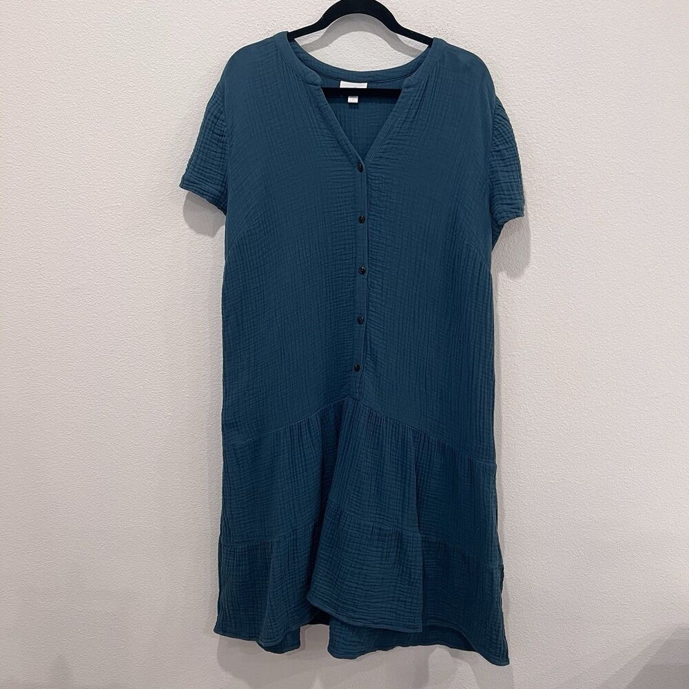 J. Jill Green Slubbed Cotton Gauze Drop Waist Tiered Midi Dress Size Large Boho